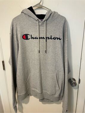 Authentic Champion scripted logo grey mens pullover hoodie sweatshirt sz XL
